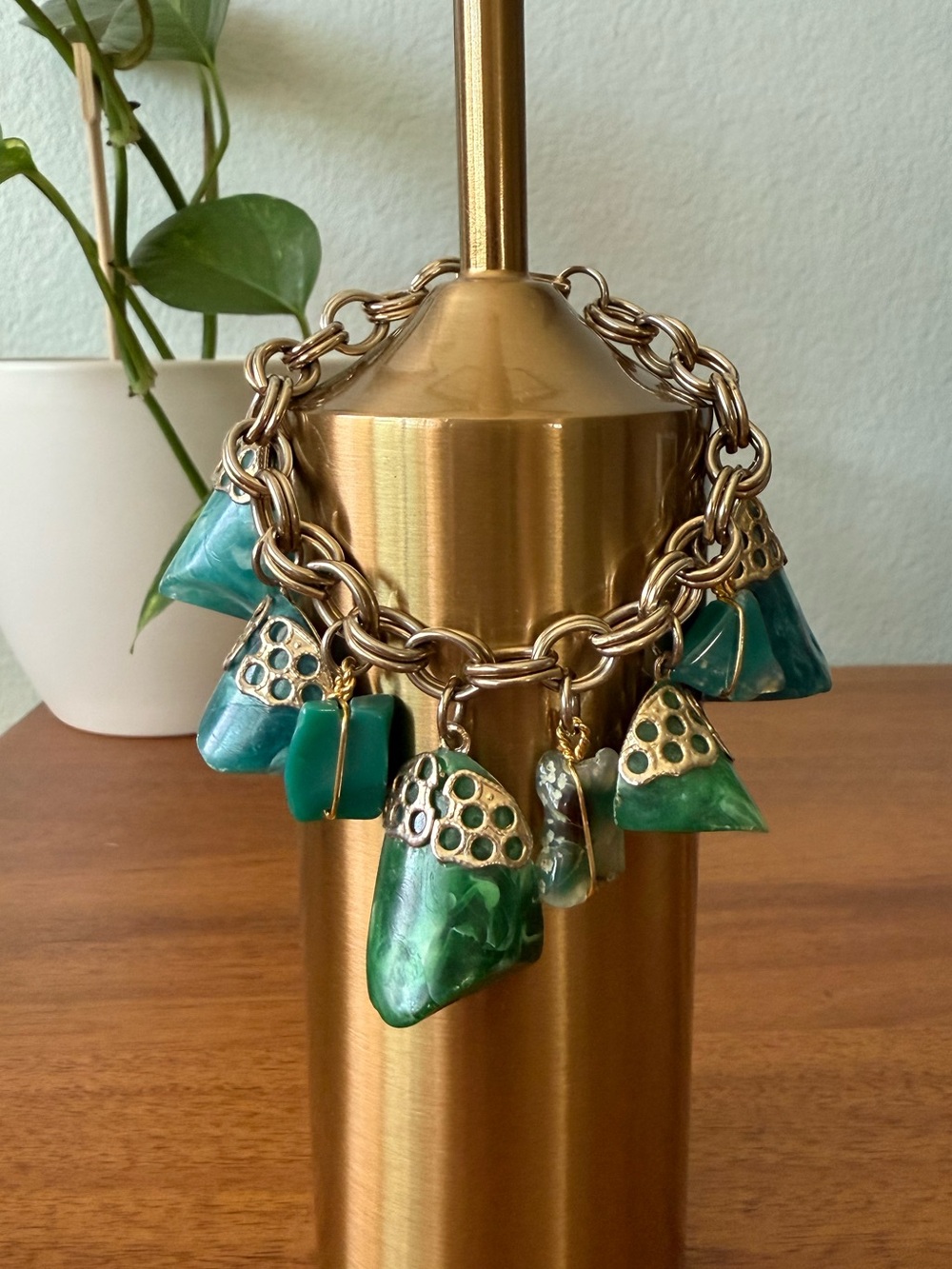 Vintage Mid Century Charm Bracelet Chunky Green & Turquoise Acrylic Gem Bracelet